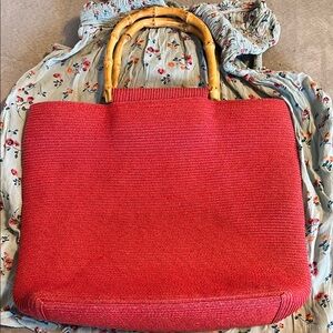 Red Woven Tote Bag with Bamboo Handles - San Diego Hat Co